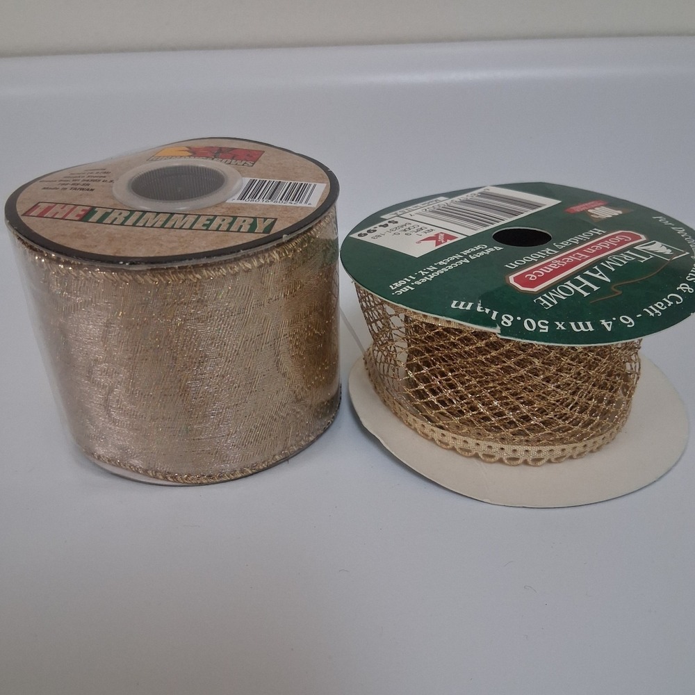 Vintage Gold Metallic Ribbon Lot • Holiday Craft Trim • Wired & Mesh Lattice